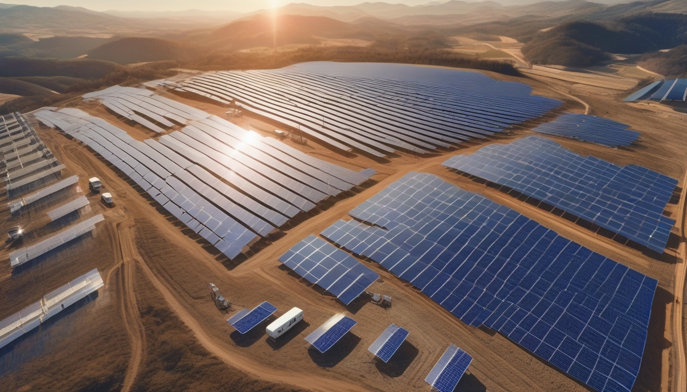 日本のメガソーラー発電所を点検する技術者と広がる太陽光パネル群