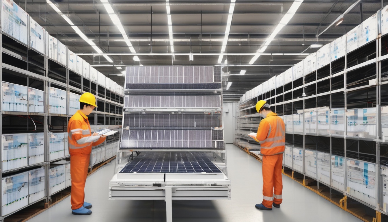 倉庫で中古太陽光パネルの発電性能を計測器で検査する技術者